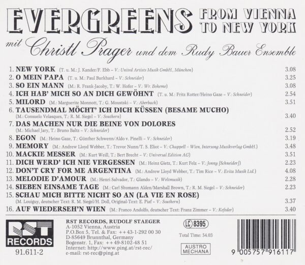 Evergreens, Christl Prager, Rudy Bauer Ensemble, CD