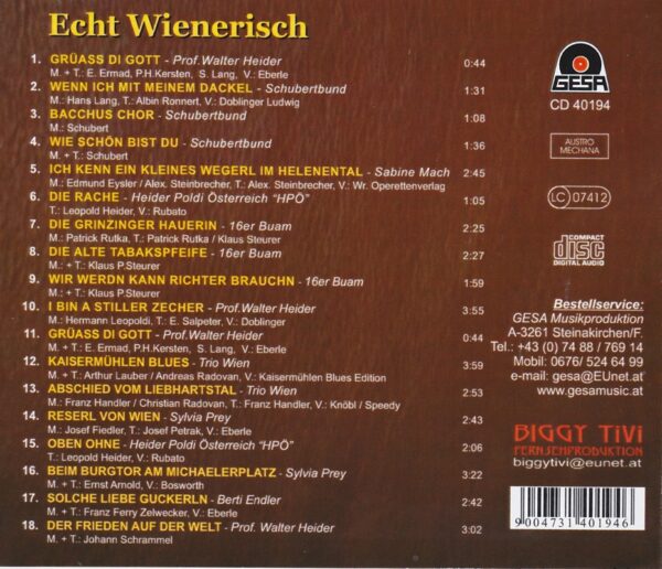 Heider, Schubertbund, Sabine Mach, 16er Buam, Trio Wien, Prey, Heider, Wienerlied, CD, TV Sendung, Serie, Gesa