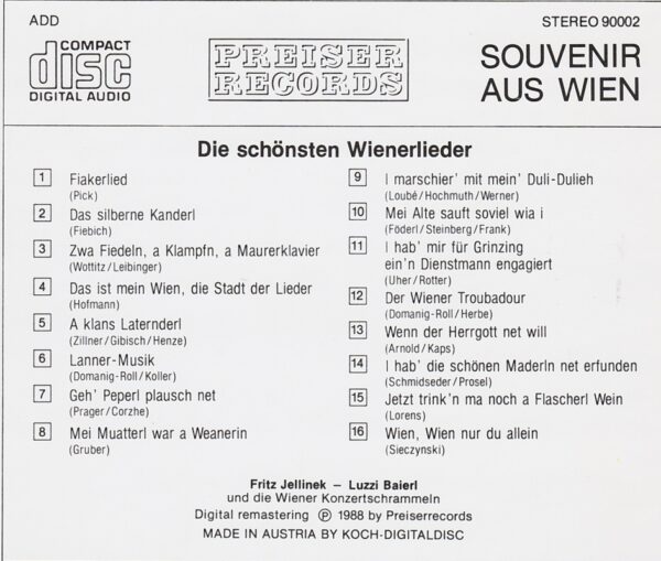 Fritz Jellinek, Luzzi Bayerl, bekannte Wienerlieder, CD, Preiser
