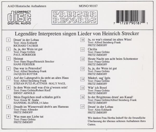 Heinrich Strecker, Imhoff, Hörbiger, Rotter, CD, Preiser