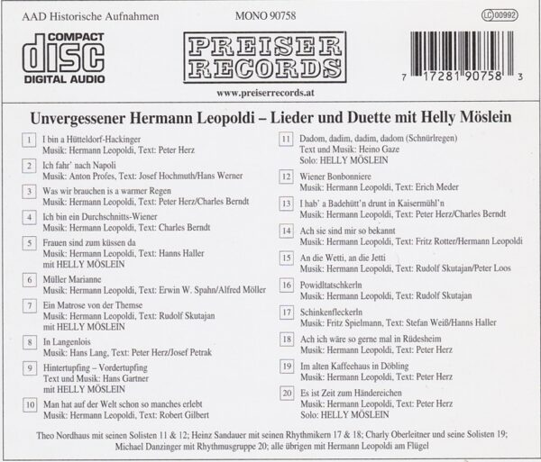 Hermann Leopoldi, Helly Möslein, Duette, Wienerlieder, Powidltaschkerln, CD