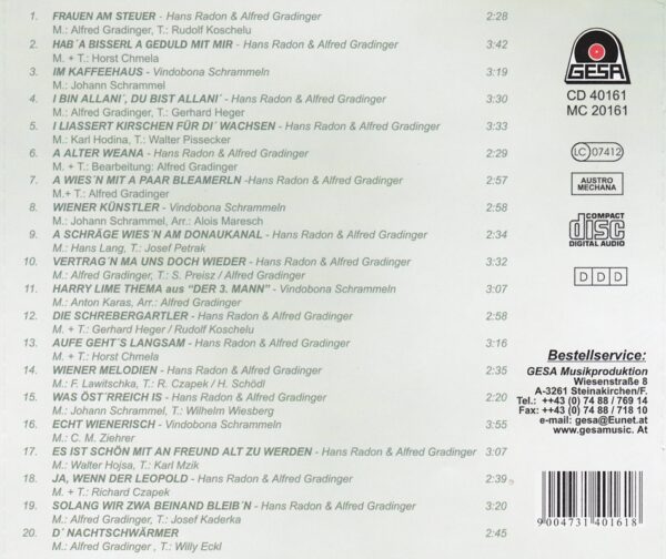 Wiener Musik, Heurigenlieder, Vindobona Schrammeln, Gradinger, Radon, CD, Gesa