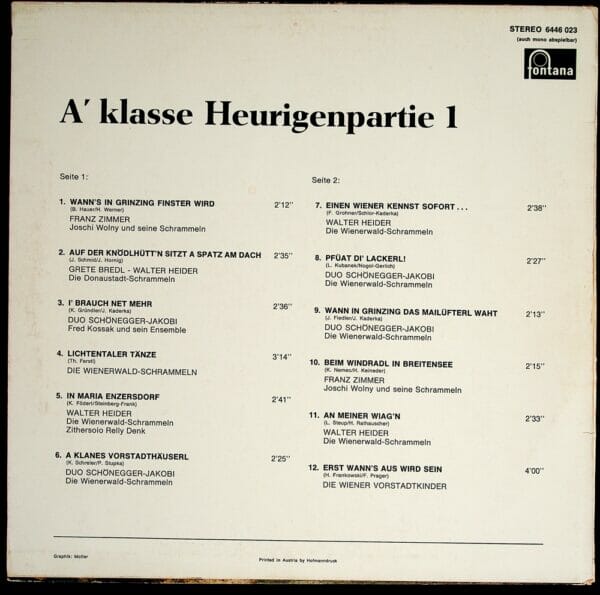 Franz Zimmer, Walter heider, Duo schoenegger-Jakobi, Grete Bredl, Wienerwald Schrammeln, Wienerlied, Schallplatten, Vinyl