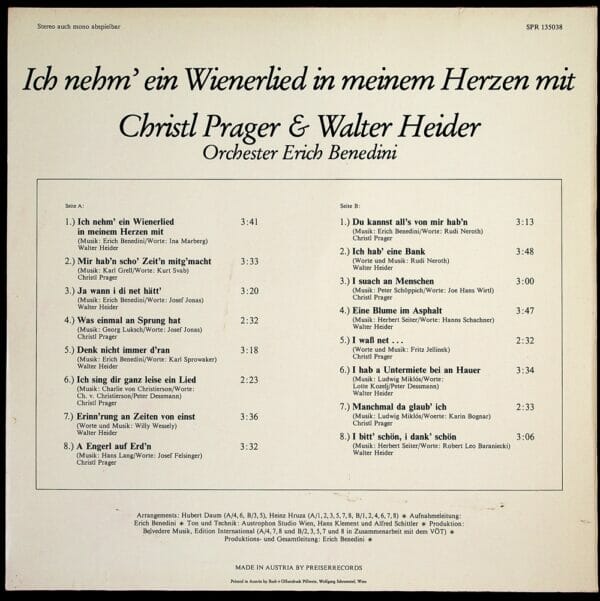 Christl Prager, Walter Heider, Geschwister, Wienerlied, Orchester Erich Benedini, Schallplatte, Vinyl