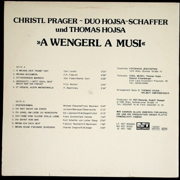 Christl Prager, Hojsa, Tommy, Walter, Kurt Schaffer, Wienerlied, Schallplatte, Vinyl