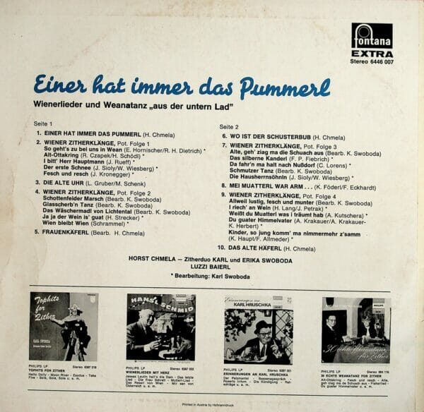 Horst Chmela, Zitherduo, Swoboda, Luzzi Baierl, Wienerlied, aus der untern Lad, Schallplatte, Vinyl