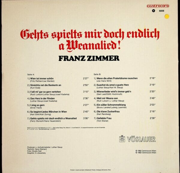 FRanz Zimmer, Buschenschank zum alten Haus, Fam. Binder, Lothar Steup Trio, Leopold Grossmann, Wienerlied, Schallplatte, Vinyl