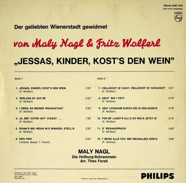 Maly Nagl, Fritz Wolferl, Hofburg Schrammeln, Theo Ferstl, Wienerlied, Schallplatte, Vinyl