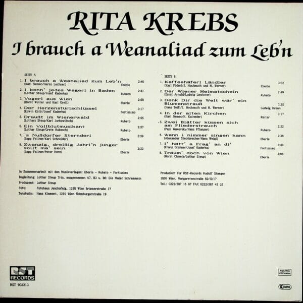Rita Krebs, Lothar Steup Trio, Malat Schrammeln, Wienerlied, Sopranistin, Schallplatte, Vinyl