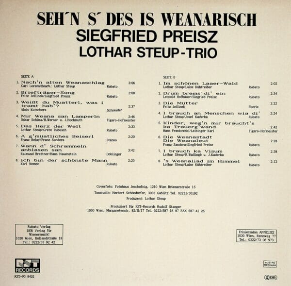 Siegfried Preisz, Siggi, Sehns des is weanerisch, Wienerlied, Lothar Steup Trio, Schallplatte, Vinyl
